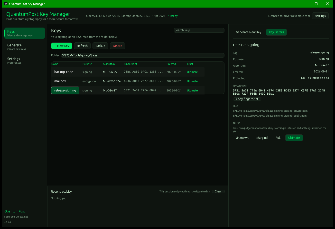 The Key Manager window: a list of keys with their algorithms and fingerprints, and a details panel for the selected key.